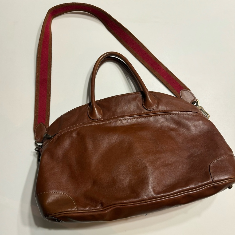 Longchamp Brown Leather Travel Bag with Red Strap - Picture 12 of 12